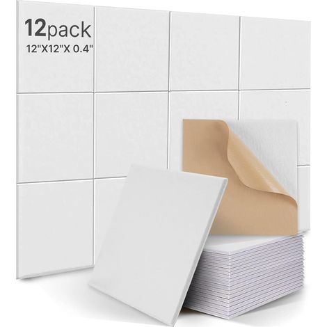 12 Panneaux Acoustiques Autocollants de Haute Densité pour la Décoration Murale et le Traitement Acoustique, bois et portes - Panneau acoustique mur (30x30x0,1 cm) Blanc (1/5)