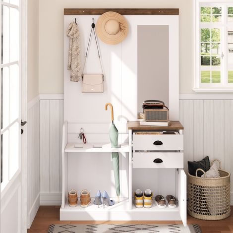 Ensemble meuble de rangement avec miroir, patères, tiroirs et porte-parapluie, idéal pour entrée ou couloir. (1/5)