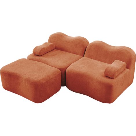 Canapé d’angle modulaire 2 places en velours orange avec ottomane, coussin d'accoudoir mobile, sans montage (1/5)