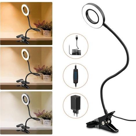 7-W-Klemmleuchte, dimmbar, 52 LEDs, 3 Farbmodi, 10 Helligkeitsstufen, Leselampe mit Klemme, 360° schwenkbar, flexibler Schwanenhals, Nachttischlampe, Schwarz (1/4)
