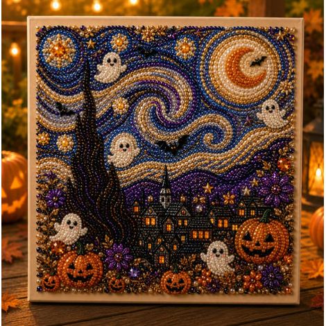 New Halloween Pearl and Diamond Ghost Painting Home Decor Window Decoration DIY Artwork Ornament - Style B - 2020cm Framed