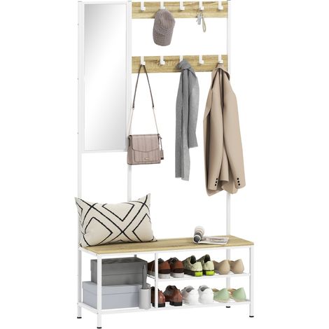 Meuble de rangement chaussures avec miroir 3 étagères banc 10 crochets ajustables style moderne pour couloir 98x34x186 cm naturel (1/5)