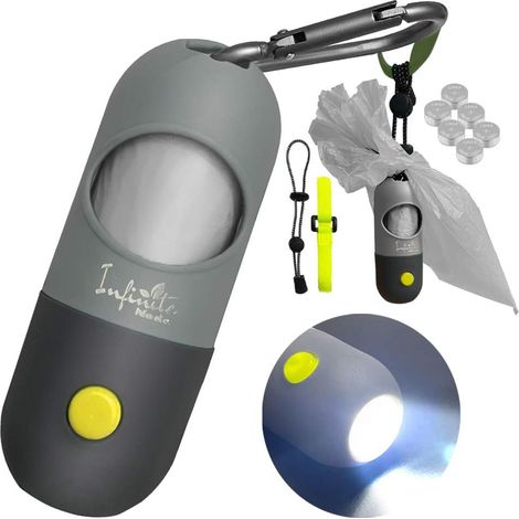 Distributeur de Sac a Crottes Chien pour Laisse avec Lampe Intégrée et Clip Métal, Distributeur de sacs à déjections canines (Gris)