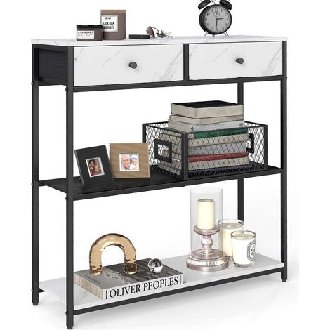 Consola estrecha para recibidor con 2 cajones de tela mesa auxiliar de 3 niveles 24 x 76 x 80 cm para recibidor/salón marrón rústico y negro tinta 120008000