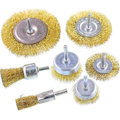7 Pcs Brass Coated Wire Brush with 1/4" Shank, 7 Sizes Coated Metal Drill Brushes, for Removing Rust, Corrosion, Paint (1/5)