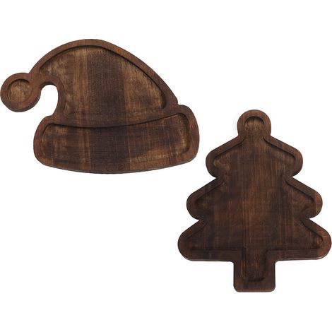 Plateau Bois Festif 2 Pièces [Sapin Noël + Bonnet Père Noël] pour Fruits, Cakes et Desserts (1/5)