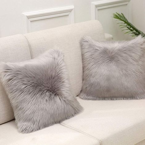 Lot de 2 housses de coussin carrées en fausse fourrure, décoratives de luxe, pour canapé, chambre, voiture, 45 x 45 cm, gris (1/3)