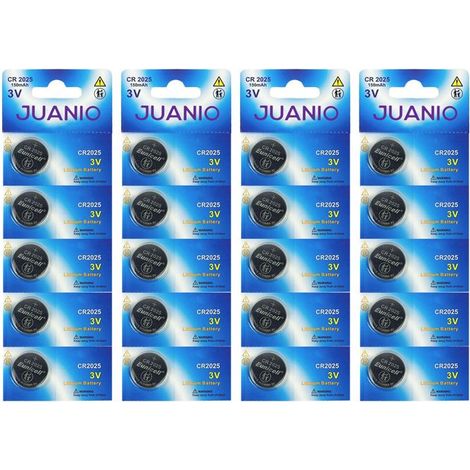 Lot de 20 Piles bouton plates lithium 3V type CR2025 compatibles DL2025 - Juanio - (1/2)