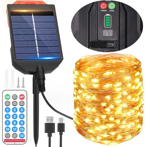 Guirlande lumineuse solaire d'extérieur avec port Type-C, 30 m, 300 LED en fil de cuivre, 13 modes et télécommande, étanche IP65, idéale pour toutes les occasions (1/5)