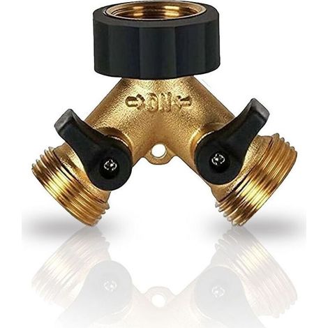 Robinet Double Machine a Laver, Répartiteur Raccord Robinet Tuyau d'Arrosage en Y 2 Double en Laiton Robuste Voies pour Tuyaux d'Alimentation 3/4, Robinet Exterieur, (1/4)
