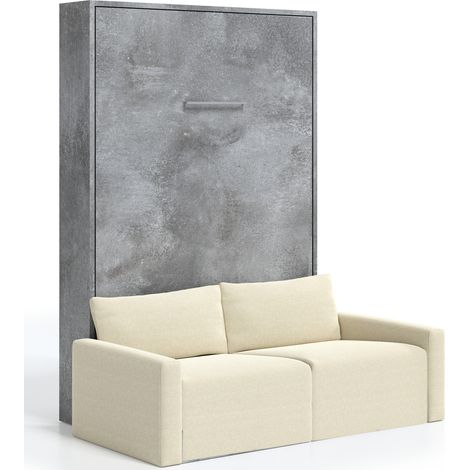 Lit escamotable vertical avec canapé tissu VALENCIA Naturel Matelas mousse 18 cm-Avec matelas-90x190-Canapé Naturel-Structure Gris ciment (1/5)