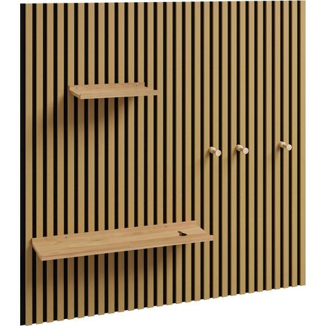 SoBuy Étagère Murale Bois Naturel avec 2 Tablettes et 3 Crochets Panneau Mural Acoustique en Tasseaux pour Entrée Salon Chambre Rangement Mural Modulaire pour Équipement Sportif 120×19×120 cm Cap (1/5)