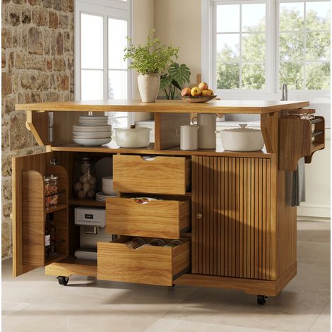 Isola cucina con allunghe pieghevoli, 95 cm, 3 cassetti, MDF marrone scuro DESVIAE (1/5)