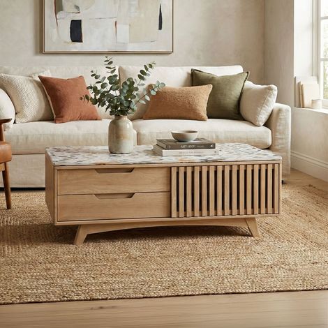 Table basse 115x65x40cm en bois de manguier naturel et terrazzo- KYOJO (1/5)