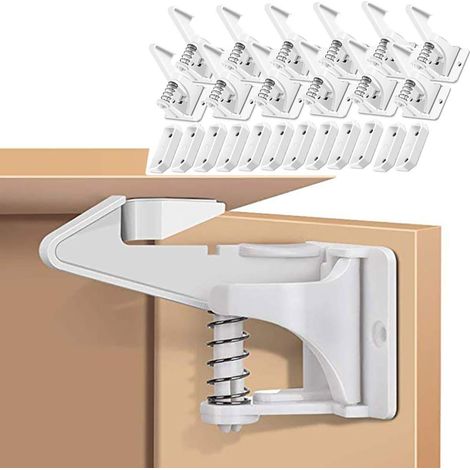 Lot de 12 verrous de sécurité enfant invisibles sans perçage pour tiroirs de cuisine, portes de placards de salle de bain et la plupart des penderies, blanc. (1/5)