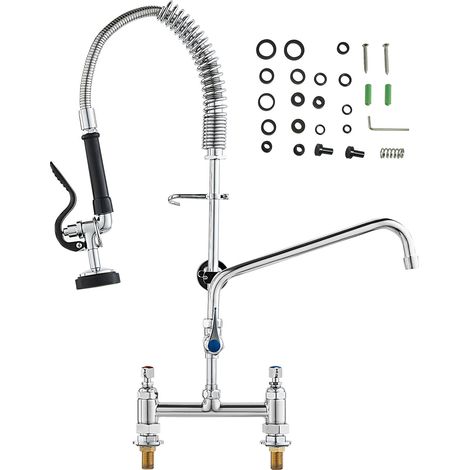 Robinet professionnel avec douchette pré-rinçage, hauteur 66 cm, entraxe 20,3 cm, bec pivotant 30,5 cm, montage sur plan, laiton, douchette extractible. (1/5)