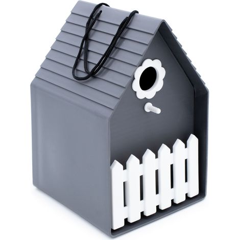 Kunststoff Vogelhäuschen zum Hängen 20 x 15 cm - anthrazit - Vogel Nistkasten mit kleiner Sitzstange - Garten Deko Vogelhaus Futterstation Haus für Meisen und Sperlinge