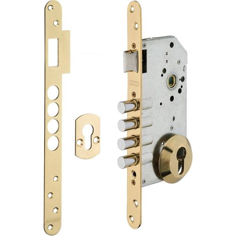 Boitier de serrure encastrable à cylindre 60mm – 4 pênes en acier – Bouts arrondis – Finition laiton pour sécurité renforcée (1/2)