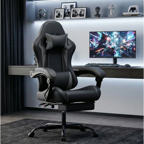 Sedia gaming ergonomica nera grigia con cuscino lombare e poggiatesta regolabile (1/5)