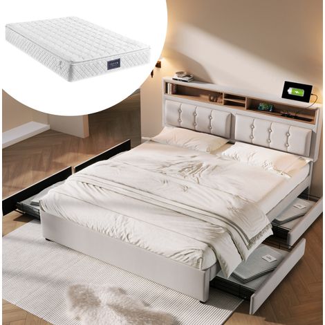Cama doble tapizada con almacenaje y colchón OKMYHOME (1/5)