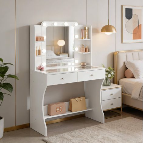 Tocador 80 x 135 x 40 cm blanco con LED, tablero de cristal y 2 cajones (1/5)