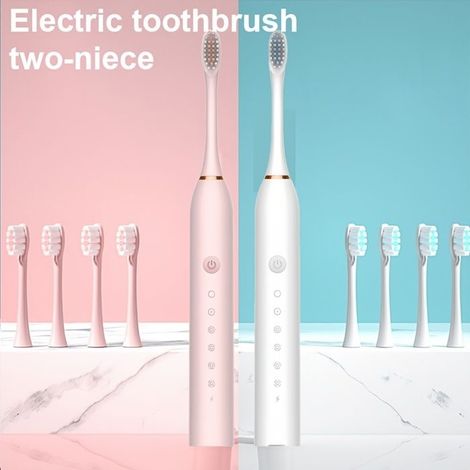 Lot de 2 brosses à dents électriques soniques avec 6 modes et minuterie, incluant 4/8 têtes de brosse souples de rechange.-AquaForge