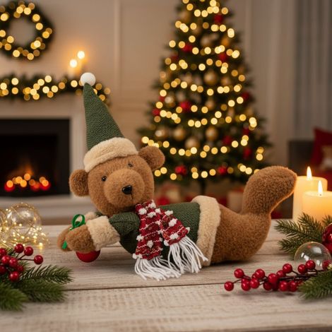 Orso decorativo sdraiato in poliestere per decorazione natalizia -Vestito verde (1/4)