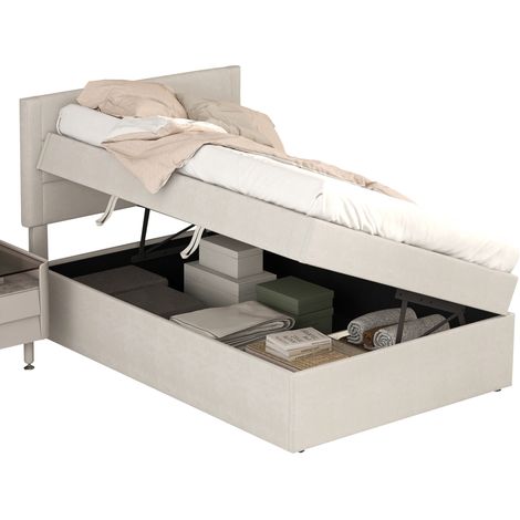 Lit capitonné 90x200 beige, lit simple avec sommier à lattes en métal et grand coffre de rangement, sans matelas, style minimaliste (1/5)