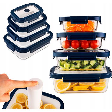Set - 4x rechteckiger Glas-Vakuumbehälter (1x 370ml, 1x 640ml, 1x 1040ml, 1x 1520ml)