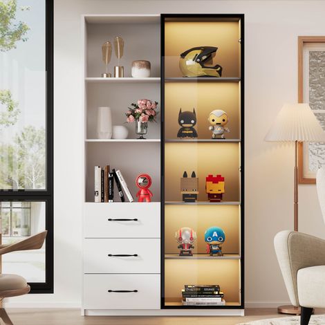 Vitrine LED 80 x 40 x 160 cm Meuble de rangement avec porte en verre trempé, LED multicolore, 3 tiroirs et 3 étagères ouvertes Blanc (1/5)