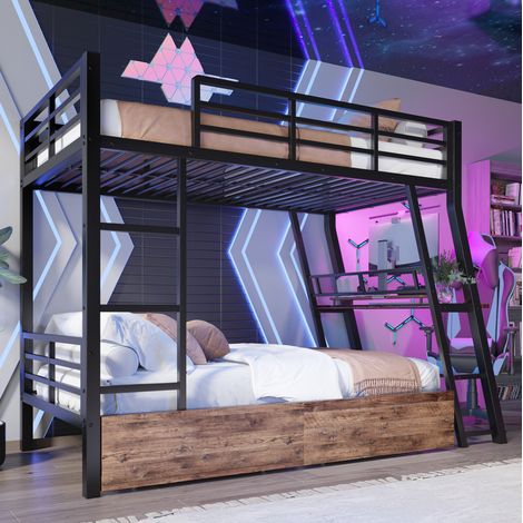 Bett Hochbett Schreibtisch 90x200 Metall schwarz OKMYHOME (1/5)