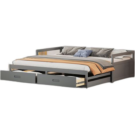Canapé-lit extensible 90/180x200 cm en pin avec tiroirs et sommier, gris (1/5)