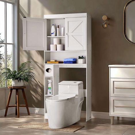 Meuble de Rangement WC Hauteur 171,3 cm, Rangement au Dessus des Toilettes ou Machine à Laver, avec Double Porte et Étagère Réglable Ouverte, Armoire de Salle de Bain Gain de Place, Blanc (1/5)