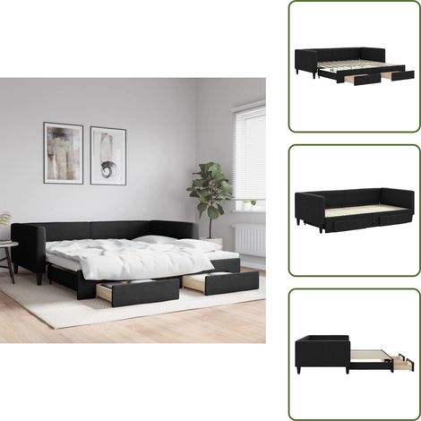 The Living Store Tagesbett Ausziehbar mit Schubladen Schwarz 100x200 cm Stoff - Schlafsofa
