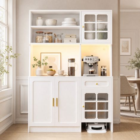 Anrichte MDF Weiß 130x45x180 cm mit Glastüren, Schubladen, offenem Fach und LED-Beleuchtung per App (1/5)