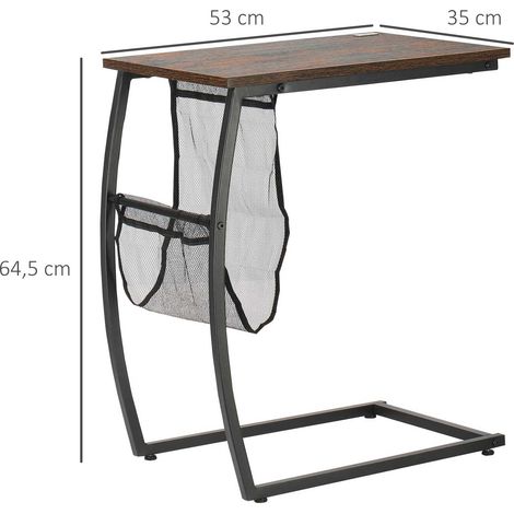 Tavolino laterale HOMCOM per divano e letto, piccolo tavolino a forma di C con tasca portaoggetti, stile industriale per soggiorno, 53x35x64,5 cm, marrone rustico.
