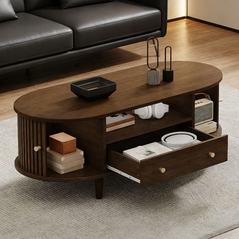 Ovaler Couchtisch 100x50x36 cm aus MDF mit Walnussfurnier, braun, mit Stauraum – MEUBLIV (1/5)