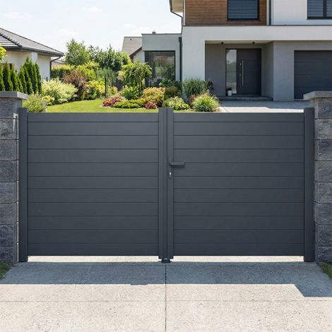 Portail battant aluminium plein lame XL H 1m60 x P 4m Gris 7016 (1/5)