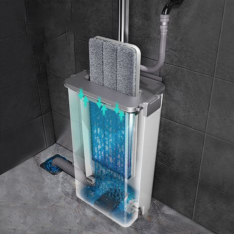 Balai à franges plat mains libres avec 3 lingettes, utilisation humide et sèche, système de raclage d'eau ultra-efficace pour le nettoyage des parquets, base élargie de 40 cm, seau renforcé et épais (1/5)
