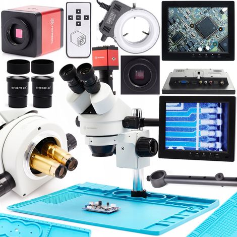 Microscope stéréo trinoculaire Techrebal 10HT 7X - 45X avec caméra HDMI Full HD 2 MP « Red Lagoon », éclairage LED, base en métal et tapis en silicone (1/5)