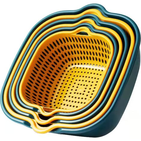 Panier de Drainage Double Couche à Poignée Latérale en PP, Égouttage Rapide, Renforcé pour Cuisine, Jaune et Bleu