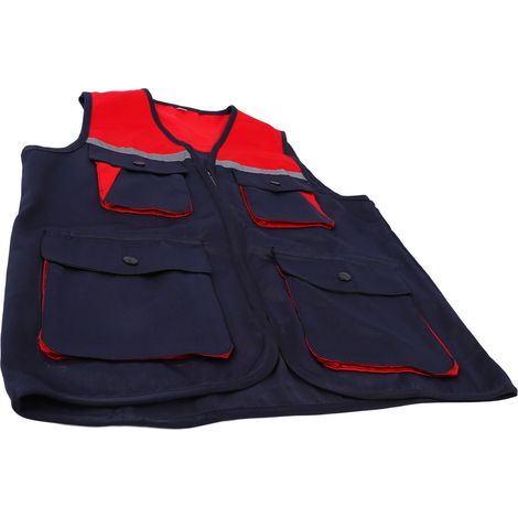 Reflektierende Arbeitsweste mit 4 Taschen, zweifarbigem Reißverschluss, hoher Sichtbarkeit dank reflektierender Streifen in Blau-Violett und Rot, Größe XXL (1/4)