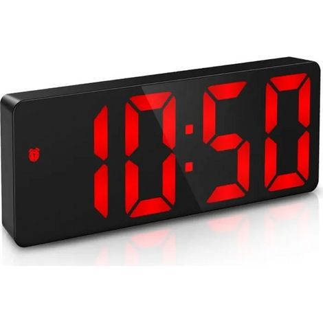 Réveil numérique à LED avec fonction snooze, luminosité réglable, mode jour (rouge), design minimaliste et monobloc. (1/4)