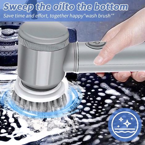 Brosse de nettoyage électrique rechargeable 3 W avec 5 têtes interchangeables brosse rotative portable pour cuisine salle de bains fenêtres et surfaces diverses gris (1/4)