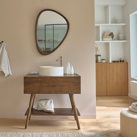 Berah Getah – Meuble sous vasque simple en mindi massif 80 cm – Hauteur 75 cm – Profondeur 50 cm – 1 tiroir et double plateau – Traitement anti humidité (1/5)
