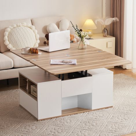 Tavolo da caffè in pannello truciolare bianco e legno 100 cm, alzabile multifunzione con cassetti (1/5)