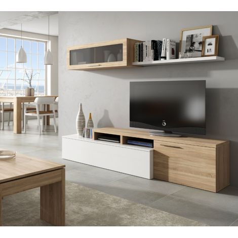Parete attrezzata porta TV 200 cm bianco lucido e rovere canadese - Gand