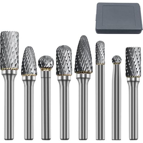 8pcs Fraises Rotatives en Carbure de Tungstène Double Coupe Tige 6mm Tête 6mm/10mm/12mm Outil Perceuse Ponceuse Electrique Pour la sculpture sur métal, le polissage, la gravure (1/4)