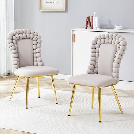 Hellgraue Samt-Esszimmerstühle (2er-Set) – Kugelketten-Rückenlehne, vergoldete Metallbeine, stylish für Esszimmer, Garderobebereiche & Wohnbereich