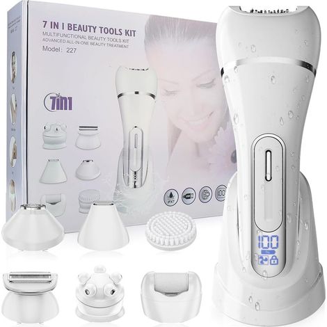 Qreeyx Damen-Haarentferner, 7-in-1: Rasierer, Bikinizonen-Haarentferner, Gesichtsrasierer, Gesichtsmassagegerät und Körperpeeling, wasserdicht und schmerzfreier Damenrasierer (1/5)